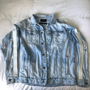 Zara Distressed Light Wash Denim Jacket w/ Arm Stripe